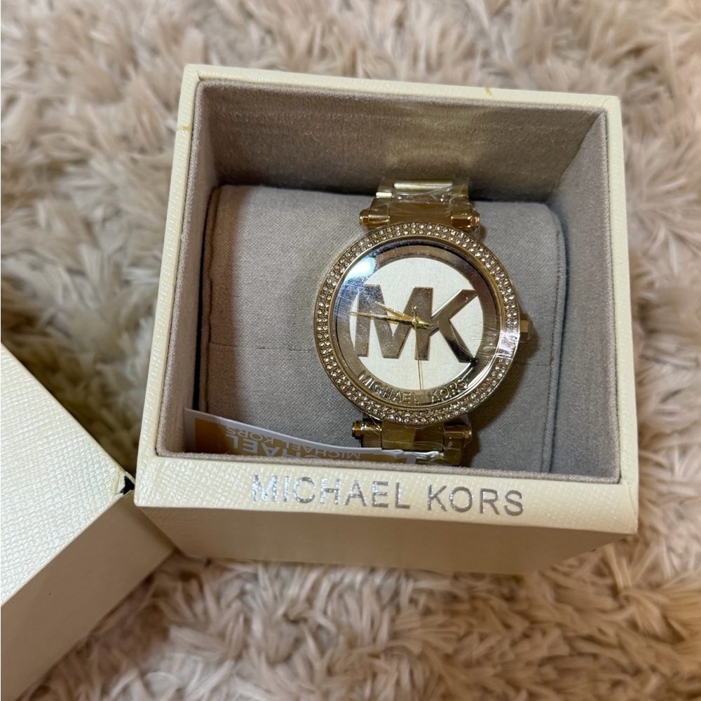Michael Kors Gold and White MK Logo Crystal Bracelet Watch - Picture 3 of 3